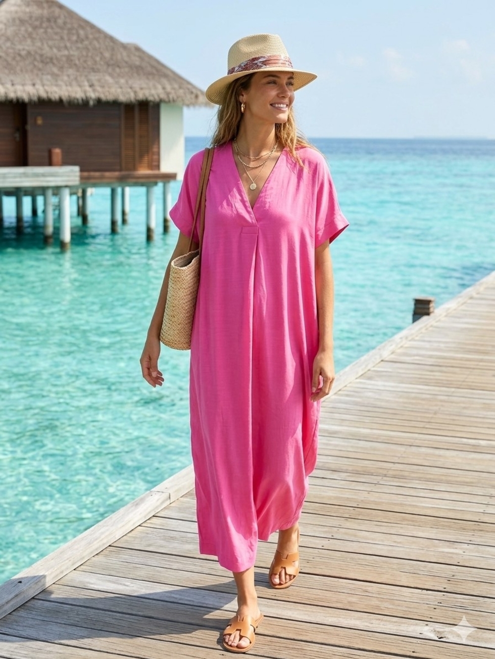 H&M Hot Pink V-Neck Beach Caftan Cover-Up